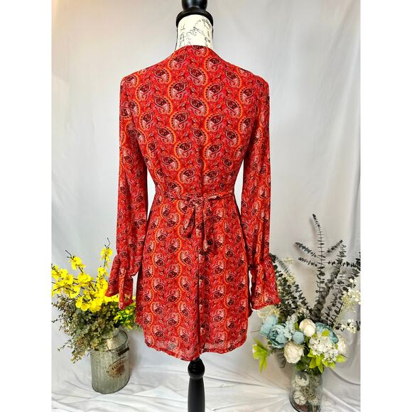 One Way Wrap Around Paisley Mini Dress Long Sleeves Red/Orange 12 - Picture 10 of 13